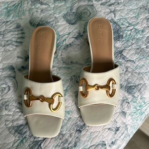 Women's White Slide Sandals with Gold Accents